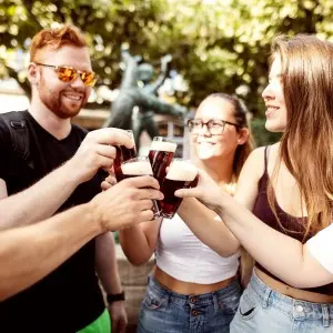 Eine Gruppe von Menschen stoßen bei sonnigem Wetter mit Altbier an