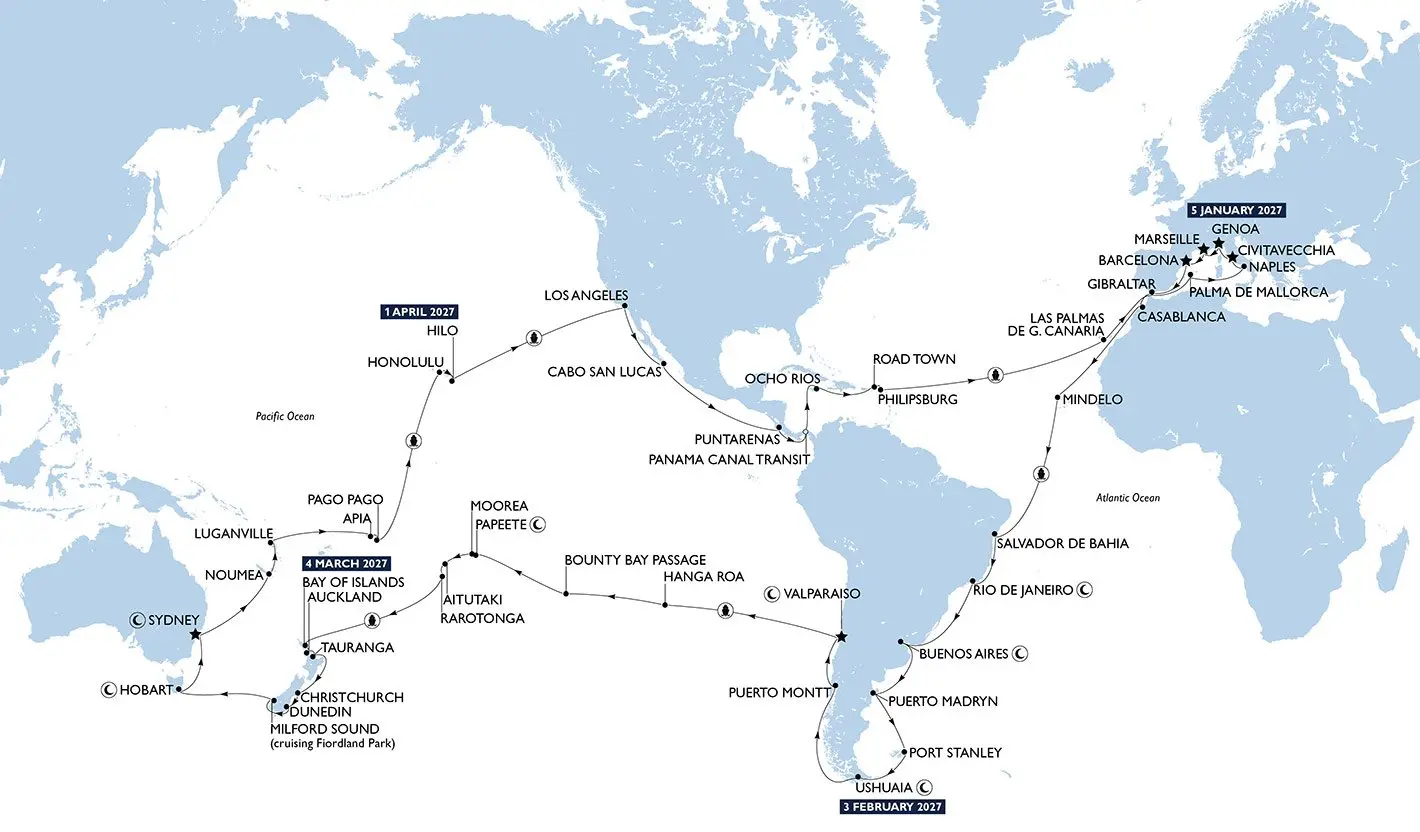 Die Reiseroute der MSC World Cruise 2027